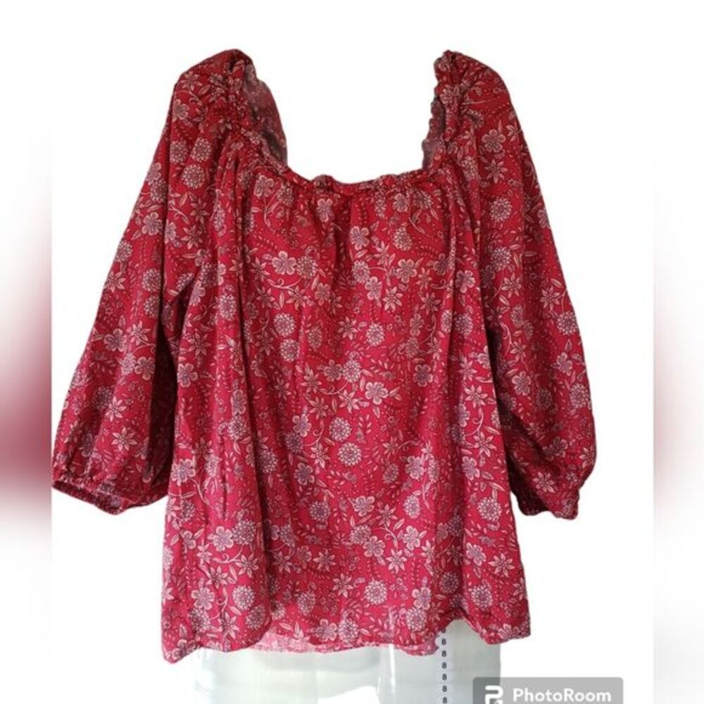 St. John's Bay Red Floral Blouse WMNS 0X Plus Size Lightweight Tunic Long Sleeve
